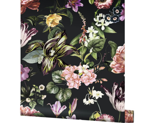 Tapete mit floralem Muster auf dunklem Hintergrund