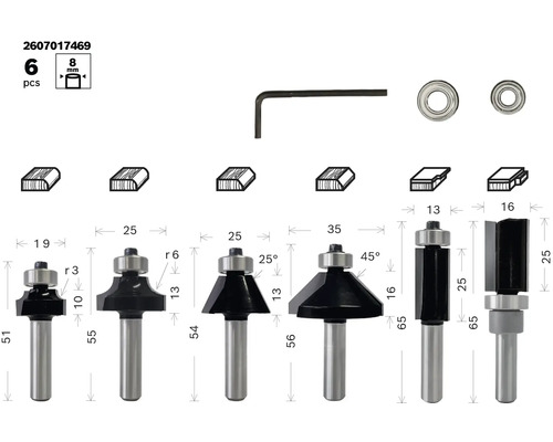 Sechs teiliges Fräser Set mit 8 mm Schaft und Zubehör