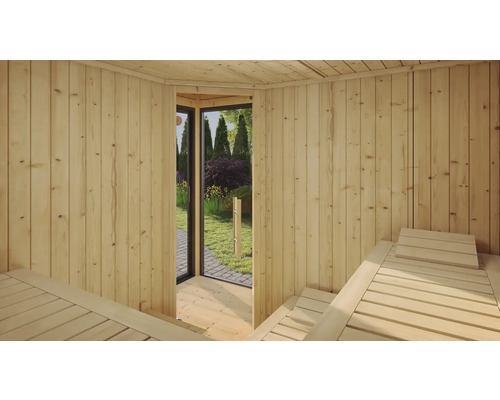 Vue intérieure d''un sauna de jardin avec des chaises longues et une vue sur l''extérieur