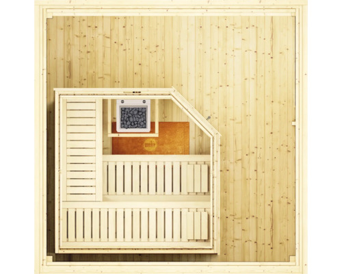 Vue de dessus d''un sauna en bois avec des bancs et un poêle de sauna