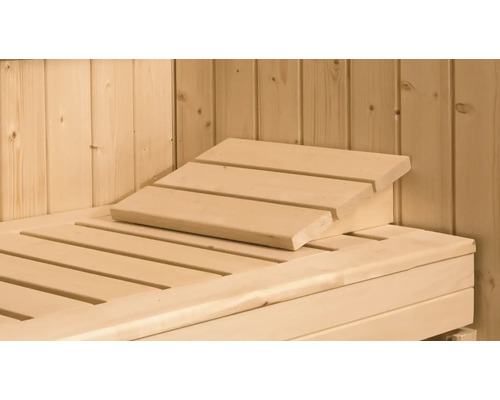 Sauna avec banc de couchage et appui-tête en bois