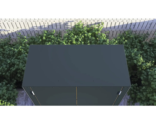 Vue de dessus d''une cabane de jardin avec un toit en métal