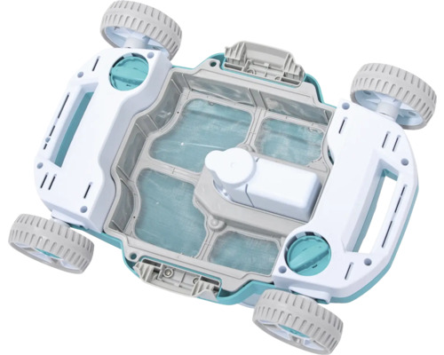 Robot de nettoyage de piscine avec paniers filtrants et roues vus de dessous