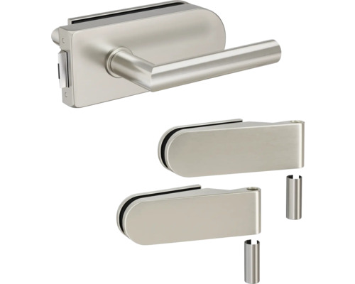 Glastürbeschlag-Set mit Türdrücker und zwei Glasklemmbeschlägen