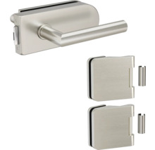 Set de ferrures pour porte en verre avec garniture de poignée et deux charnières de porte en verre