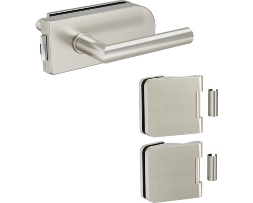 Serrure de porte en verre avec ensemble de poignées et deux charnières de porte en verre