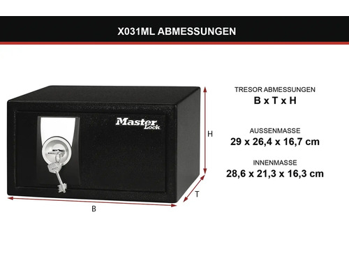 Coffre-fort Master Lock avec clé et dimensions
