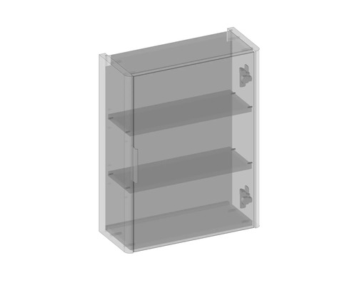 Transparenter Hängeschrank mit drei Fächern zur Wandmontage.