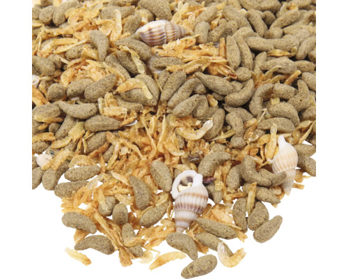 Gros plan de granulés d''aliments pour poissons et de crevettes séchées