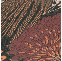 Nahaufnahme einer floral gemusterten Tapete mit stilisierten Blüten und geometrischen Elementen