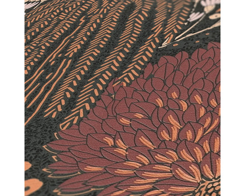 Nahaufnahme einer floral gemusterten Tapete mit stilisierten Blüten und geometrischen Elementen