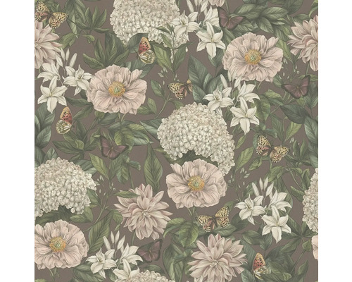 Blumenmuster Tapete mit Hortensien, Lilien, Pfingstrosen und Schmetterlingen
