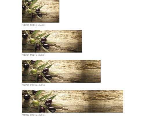 Mehrere PROFIX Spritzschutzpaneele in verschiedenen Größen mit Olivenmotiv auf Holz