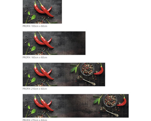 Différentes tailles de crédence de cuisine PROFIX avec motif de piment.