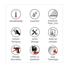 Caractéristiques du produit : Résistant à la chaleur, étanche, plaque composite en aluminium de 2 mm, nettoyage facile, montage facile, kit de collage inclus, montage sans perçage, facile à usiner, pas de joints de carrelage