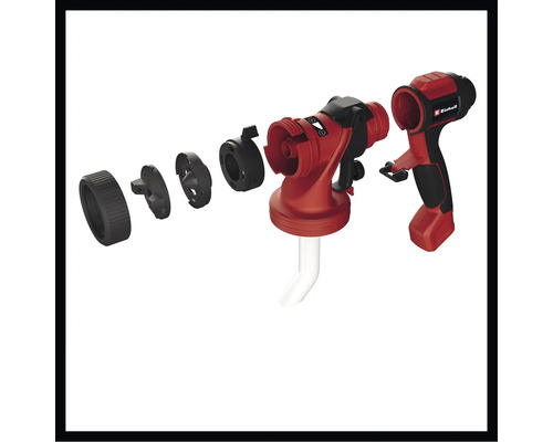 Explosionszeichnung einer roten Farbspritzpistole von Einhell, die die verschiedenen Komponenten zeigt