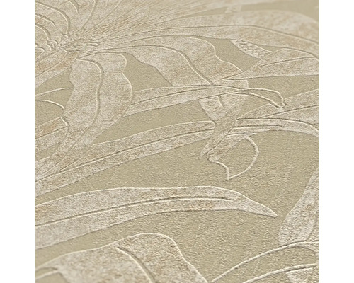 Nahaufnahme einer beigen Vinyltapete mit floralem Muster