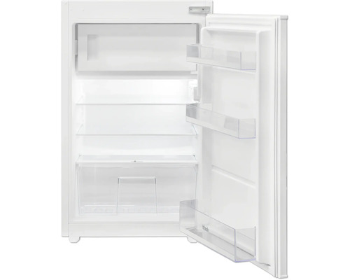 Réfrigérateur blanc avec porte ouverte, intérieur avec étagères