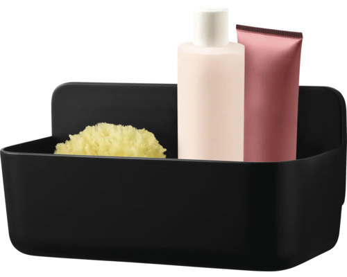 Schwarzer Duschkorb mit Schwamm, Lotion und Tube