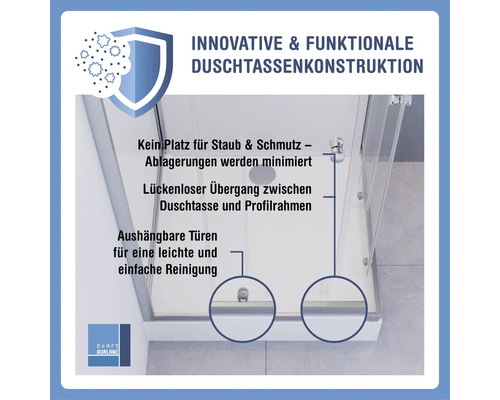 Gros plan d''une cabine de douche avec des indications sur une construction innovante et fonctionnelle, la minimisation des dépôts de poussière, une transition sans faille et des portes amovibles pour un nettoyage facile.