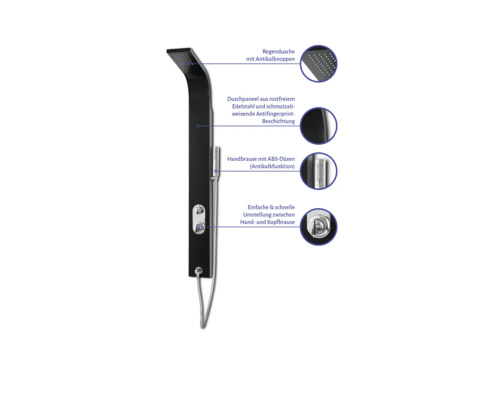 Duschpaneel mit Kopfbrause, Handbrause und Antikalkfunktion