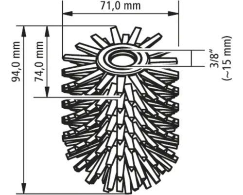 Technische Zeichnung einer Reinigungsbürste mit den Maßen 71,0 mm Breite, 94,0 mm Höhe und 15 mm Borstenlänge