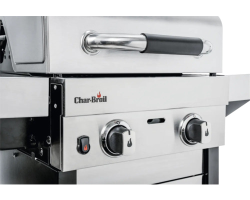 Detailansicht eines Gasgrills mit Char-Broil Logo und Bedienknöpfen