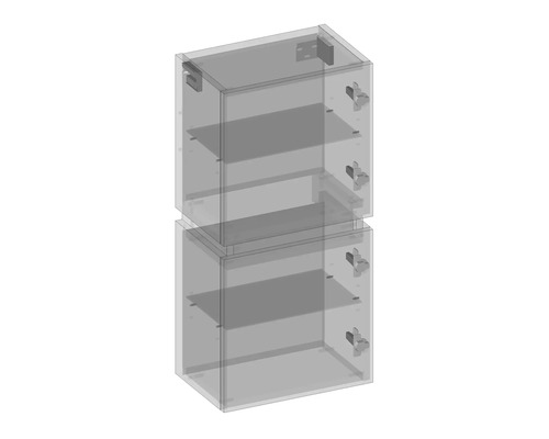 Zwei übereinander gestapelte transparente Schränke mit Einlegeböden