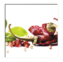 Rote Chilischoten, Pfefferkörner und Blätter auf weißem Hintergrund.