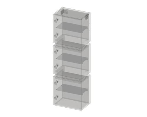 Trois unités de rangement transparentes empilées.