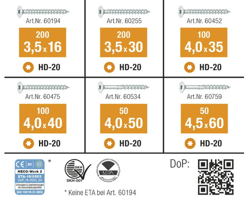 Aperçu des vis avec différentes indications de taille et certifications