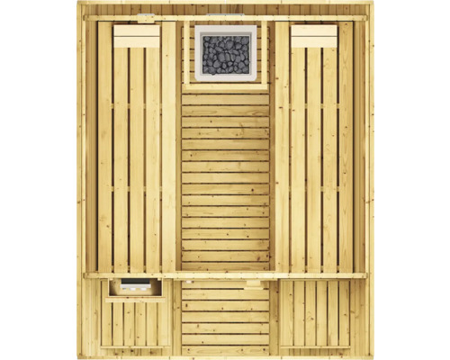 Intérieur d''un sauna en bois avec poêle et bancs