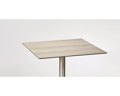 Quadratischer Stehtisch mit Tischplatte in Holzoptik und Metallfuß