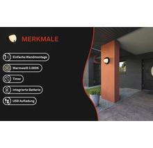 Aussenleuchte mit einfacher Wandmontage, warmweissem Licht, Timer, integrierter Batterie und USB-Aufladung an Fassade