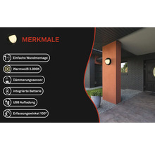 Luminaire extérieur avec montage mural, lumière blanche chaude, détecteur crépusculaire, batterie intégrée, chargement USB et angle de détection de 100 degrés