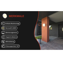 Applique murale avec montage mural facile, lumière blanche chaude, détecteur crépusculaire, batterie intégrée et chargement USB, angle de détection 100 degrés