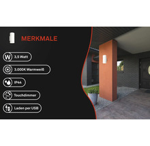 Merkmale einer Aussenleuchte mit 3,5 Watt, 3000 Kelvin warmweissem Licht, IP44 Schutzart, Touchdimmer und USB Ladefunktion.