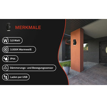 Vue extérieure avec les caractéristiques de l''applique murale : puissance de 3,5 watts, lumière blanche chaude de 3 000 kelvins, indice de protection IP44, détecteur crépusculaire et de mouvement, chargement par USB.