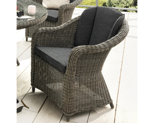 Fauteuil en rotin tressé avec coussins gris pour l''extérieur