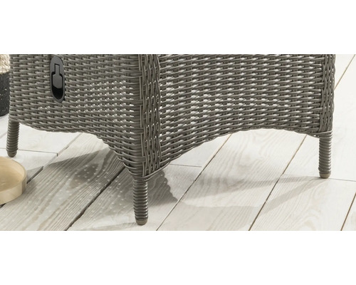 Detailansicht eines geflochtenen Aufbewahrungsmöbels mit Füßen