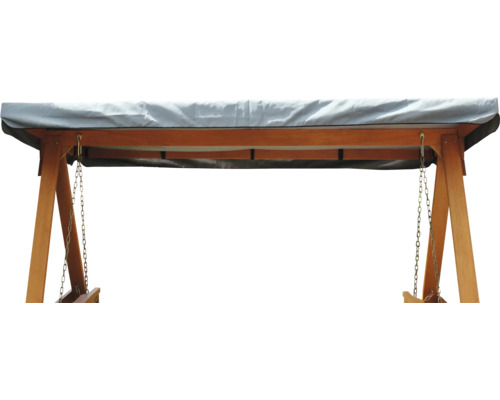 Vue détaillée d''une balançoire de jardin avec cadre en bois et toit en tissu