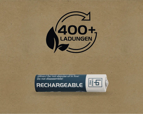 Wiederaufladbare Lumak Pro Batterie mit dem Symbol für mehr als 400 Ladezyklen