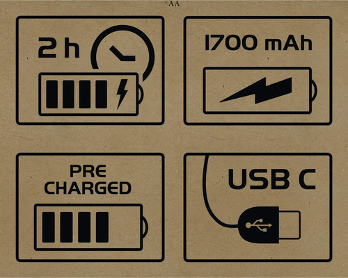 Symbole für zwei Stunden Ladezeit, 1700 mAh, vorgeladen und USB-C