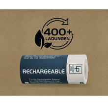 Wiederaufladbare D-Batterie mit dem Symbol für 400 plus Aufladungen