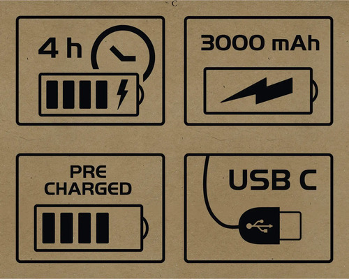 Symbole für vier Stunden Ladezeit, 3000 mAh, vorgeladen und USB-C