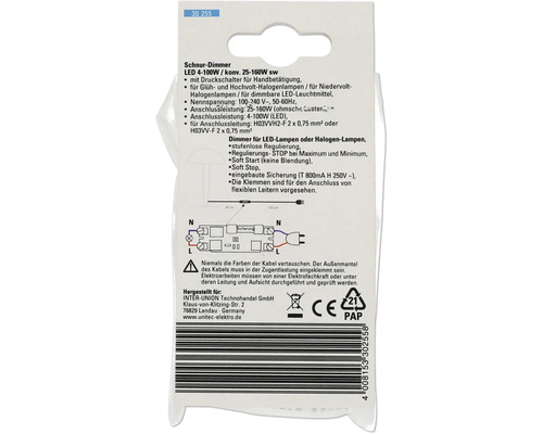 Unitec Schnurdimmer für LED und Halogenlampen, 4 bis 100 Watt LED Leistung und 25 bis 160 Watt konventionelle Leistung