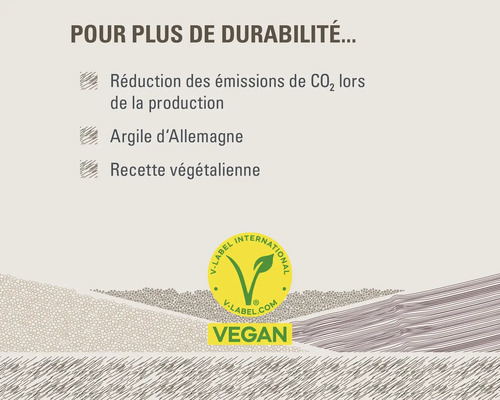 Caractéristiques : Réduction des émissions de dioxyde de carbone, Argile allemande, Recette végétalienne, Label V International Vegan