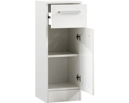 Weißer Badezimmerschrank mit Schublade, offener Tür und zwei Regalen