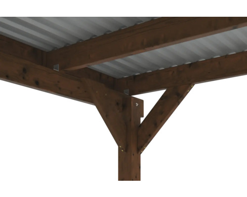 Vue détaillée d''une pergola en bois avec toit métallique