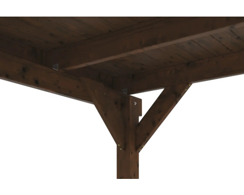 Vue détaillée d''une pergola en bois avec poteaux et structure de toit